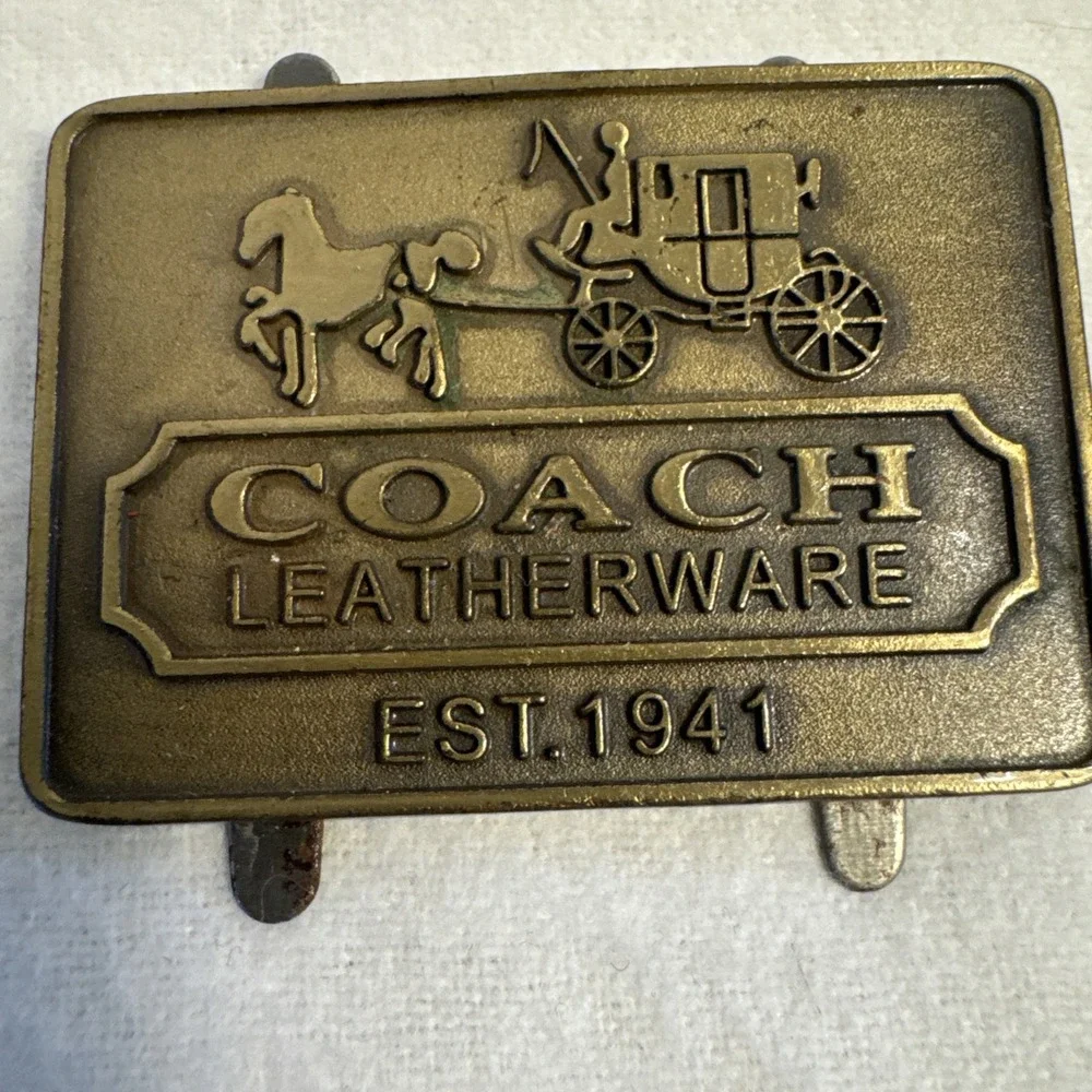 Engraved COACH LEATHERWARE Raised Horses Carriage Brass Charm Tag Belt Logo